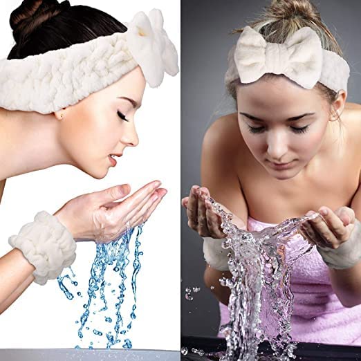 Spa Headband For Washing Face And Matching Wristbands, Teen Girls Fuzzy Skincare Headbands